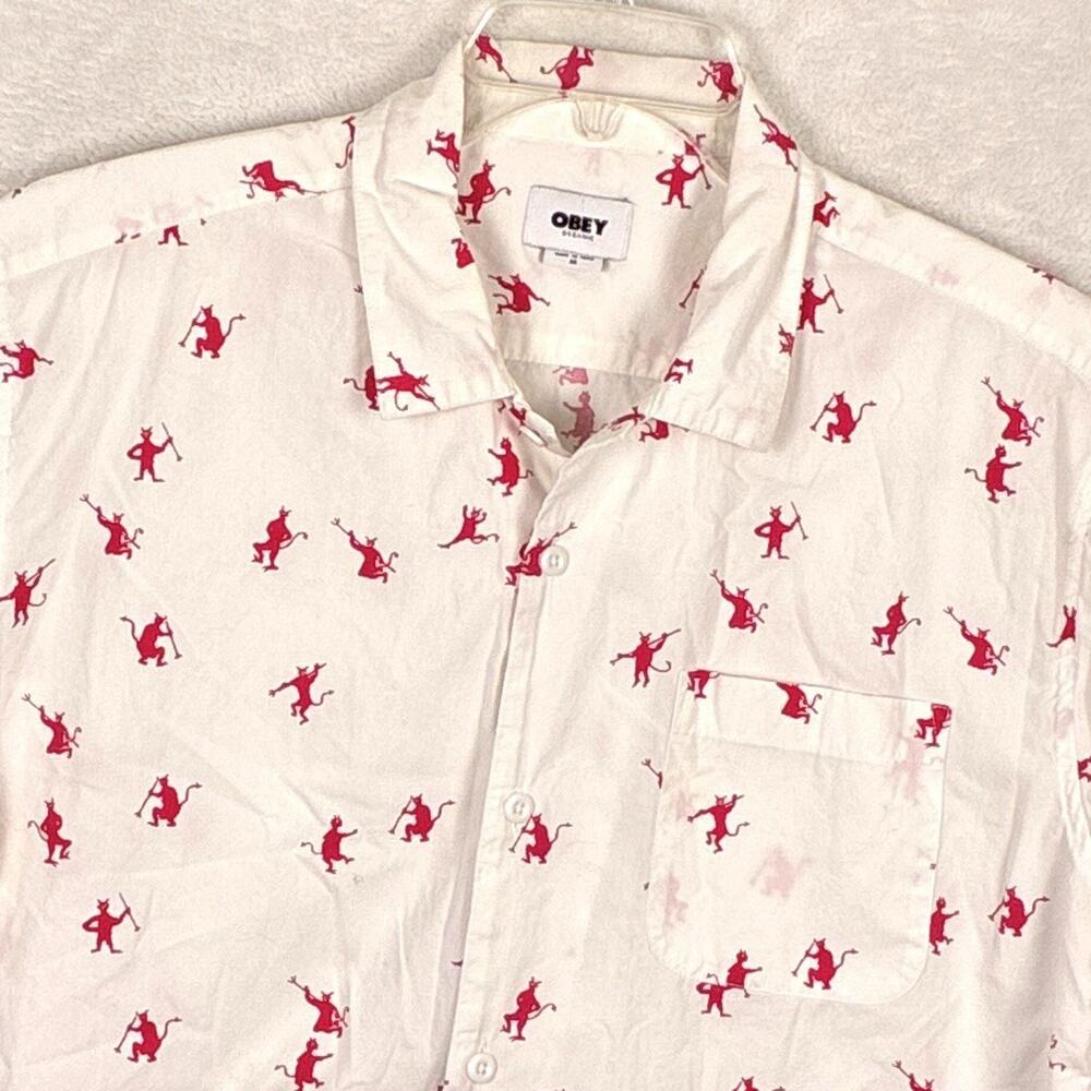 Obey Camp Shirt Men M White Red Pitchfork Devil AOP Organic Cotton Streetwear
